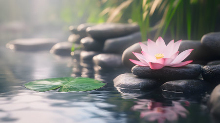 Pink lotus flower on smooth stones by tranquil water.の素材