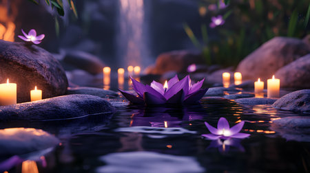 Serene purple lotus flower floating on tranquil stream with candles and waterfall background.の素材