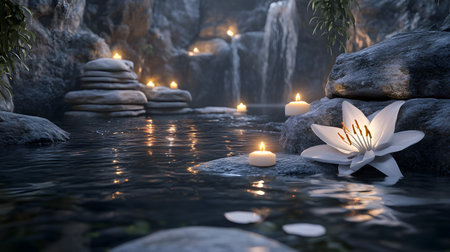 Serene waterfall pool with candles and lily.の素材