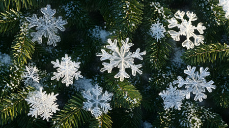 Crystal snowflakes on snowy pine branches.の素材