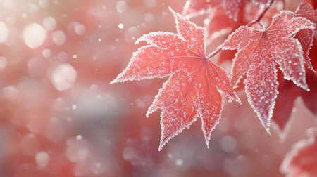 Frost-covered red maple leaves in winter.の素材