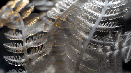 Close-up of translucent fern fronds backlit with warm light.の素材