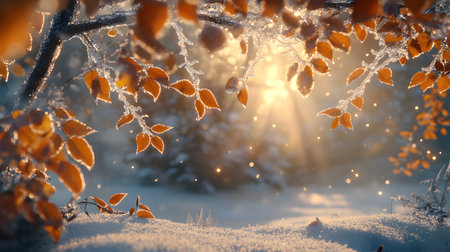 Golden sunlight filtering through frosted leaves in a snowy forest. Soft, warm light illuminates orange leaves covered in frost on branches, snow-covered ground and trees in the background.の素材