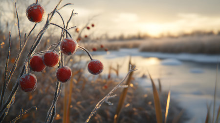 Frosty winter sunrise with red berries and icy river.の素材