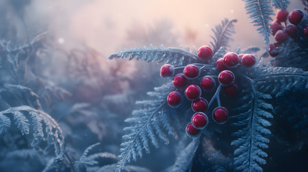 Frozen red berries on frosted ferns in a winter forest scene.の素材