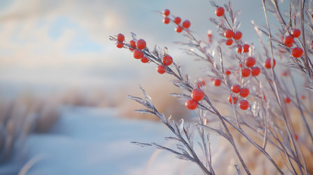 Frosted red berries on branches in snowy landscape.の素材