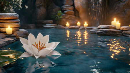 Serene water lily floats in a tranquil, candlelit spa pool.の素材