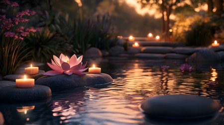 Serene garden with lotus flower, candles, and flowing water at sunset.の素材