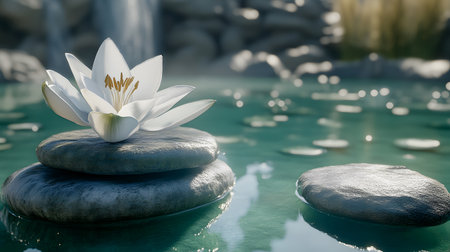 Peaceful white lotus flower on zen stones in a tranquil pond, waterfall backdrop.の素材