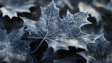Close-up of frost-covered maple leaves.の素材