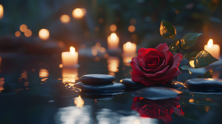 Red rose on stones in tranquil water with candlelight.の素材