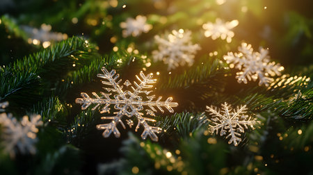Sparkling snowflakes on a fir branch with bokeh lights.の素材