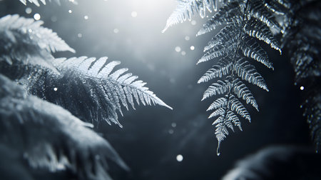 Frosted fern leaves in a dark forest, illuminated by a soft light, creating a magical winter scene.の素材