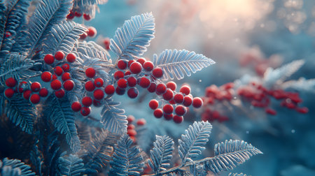 Frosty red berries on winter branches in sunlight.の素材