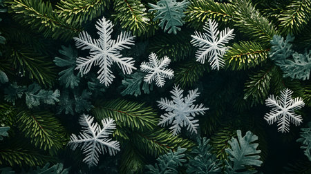 White snowflakes on dark green fir branches.の素材