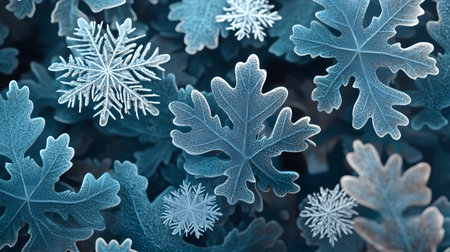 Teal leaves and snowflakes winter background.の素材