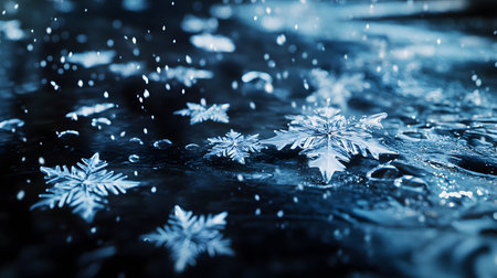 Macro shot of snowflakes on dark icy surface, with falling snow and water droplets.の素材