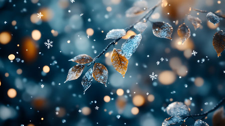 Snow-covered leaves on a branch with bokeh lights and falling snowflakes.の素材