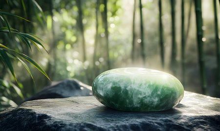 Serene jade stone rests on rock in bamboo forest.の素材