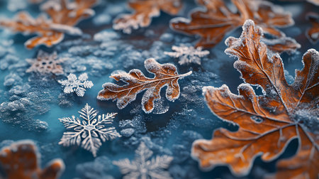 Frozen autumn leaves and snowflakes on icy surface.の素材
