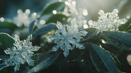 Close-up of delicate snowflakes on frosted leaves in winter sunlight.の素材