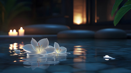 Serene nighttime spa scene with floating white flowers, candles, and stones.の素材