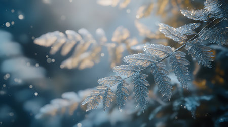 Frozen fern leaves in soft sunlight, frosted foliage, winter scene, delicate ice crystals, nature, outdoors, beautiful, winter wonderland, snow, frost, ice, detail, close up,  branches,  natural,  background,  backdrop,  plant,  foliage,  outdoors,  frozen,  cold,  nature,  beauty,  tranquil,  peaceful,  scenic,  landscape,  sunrise,  sunset,  golden hour,  light,  sparkling,  shimmering,  details,  texture,  soft focus,  frosted,  ice crystals.の素材