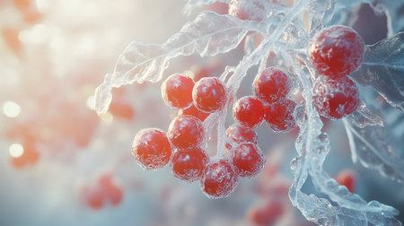 Frozen red berries on icy branch in winter sunlight.の素材