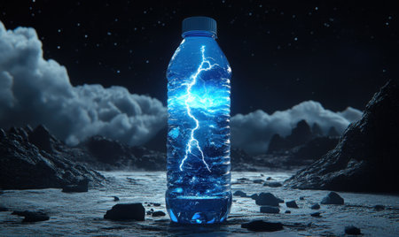 Electrified water bottle on alien landscape; energy drink conceptの素材