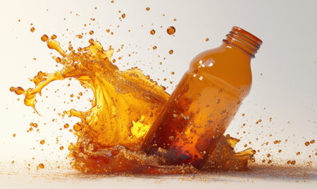 Amber liquid splashing from bottle, white background; advertisingの素材