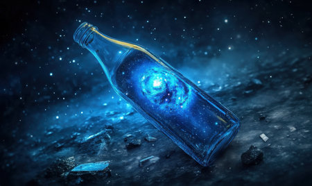 Cosmic bottle message, space galaxy, dark, night, fantasy art, website backgroundの素材