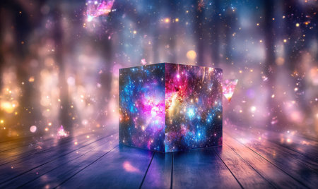 Cosmic cube unfolds on wooden floor, magical forest background; fantasy artの素材