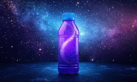Galaxy-themed drink bottle on dark surface, cosmic background, advertising, packagingの素材