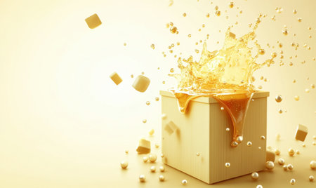 Golden liquid splashing from cube box; creamy background; dessert concept; food packaging designの素材