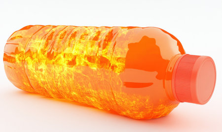 Fiery orange drink bottle, studio shot, white background, energy concept, advertisingの素材