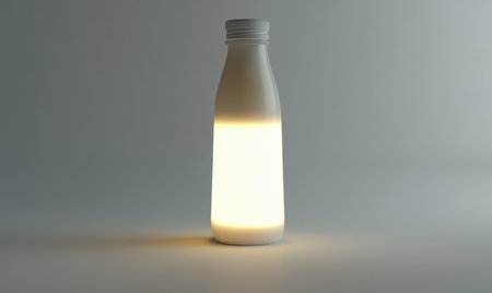 Glowing milk bottle on studio background, product packaging mockupの素材