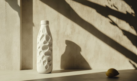 White textured bottle, lemon, sunlight shadows, minimalistの素材