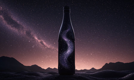 Milky Way in bottle, desert night scene; cosmic beverage concept, advertisingの素材