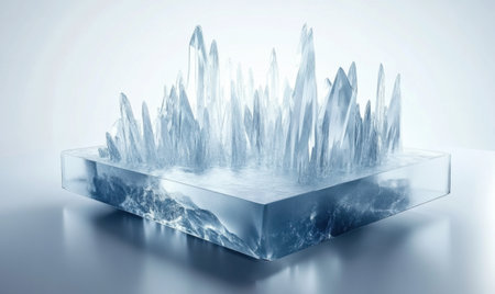 Ice crystals formation on a glass surface, cold background, winter scene, science illustrationの素材