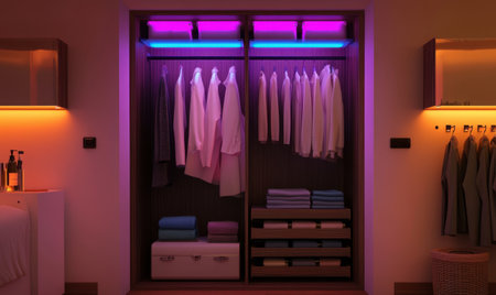 Illuminated Closet Interior Design, Clothes Storage, Bedroom, Soft Lighting, Home Decorの素材