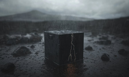 Rain-soaked cube, cracked, desolate landscape, volcanic mountains. Use apocalyptic, mystery concept artの素材