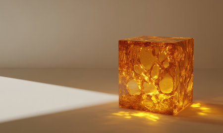 Glowing amber cube on beige background, studio lightingの素材