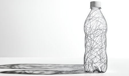 Wrapped plastic bottle on white background; recycling concept; studio shotの素材