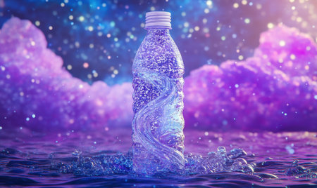 Sparkling water bottle in cosmic scene, fantasy adの素材