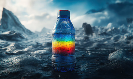 Rainbow water bottle on icy landscape; environmental impactの素材