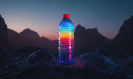 Rainbow water bottle sunset mountains rocks advertisingの素材