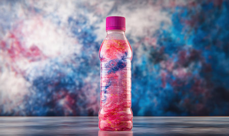 Colorful water bottle on table, abstract background;  healthy hydration conceptの素材