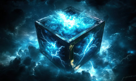Glowing cube, cosmic storm, energy surge, fantasy art, game assetの素材