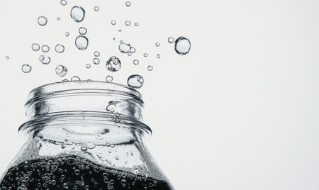 Sparkling water bubbles, bottle opening, close-up, white background, refreshmentの素材