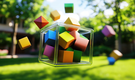 Colorful cubes float in glass box, outdoors.  Background Green lawn, house. Use Design, educationの素材